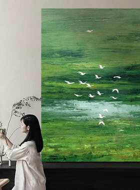 绿色原野手绘油画肌理画客厅沙发床头背景墙餐厅卧室壁画装饰画