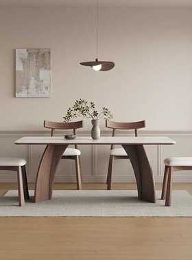 现代简约胡桃色饭桌7K实木岩板餐桌家用意式极简长方形灰色岩板餐