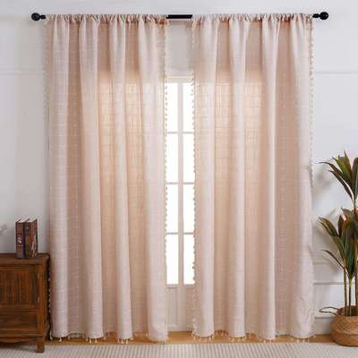 现代简约棉麻波西米亚风家用窗帘流苏卧室客厅加厚条纹半透明飘窗