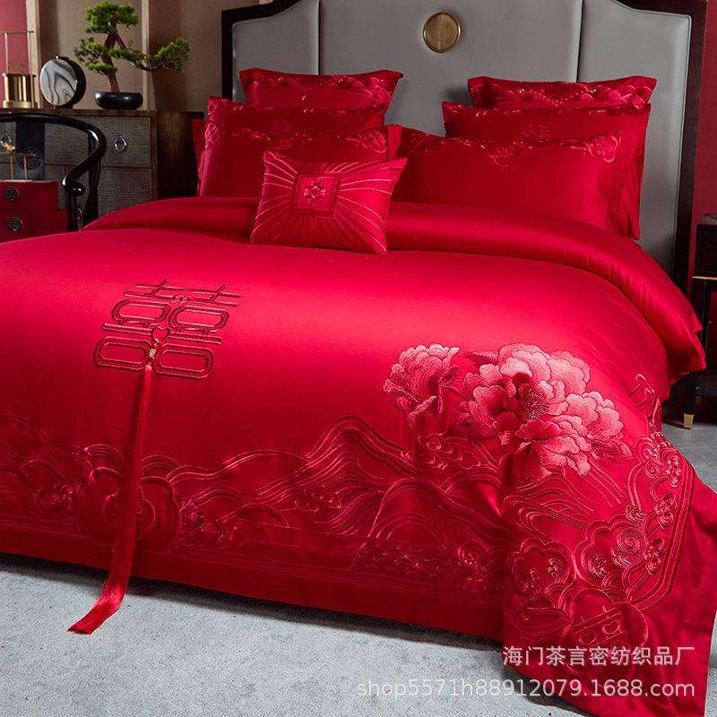 上新100S长绒棉中式精美刺绣婚庆四件套大红婚嫁床上用品套件高档