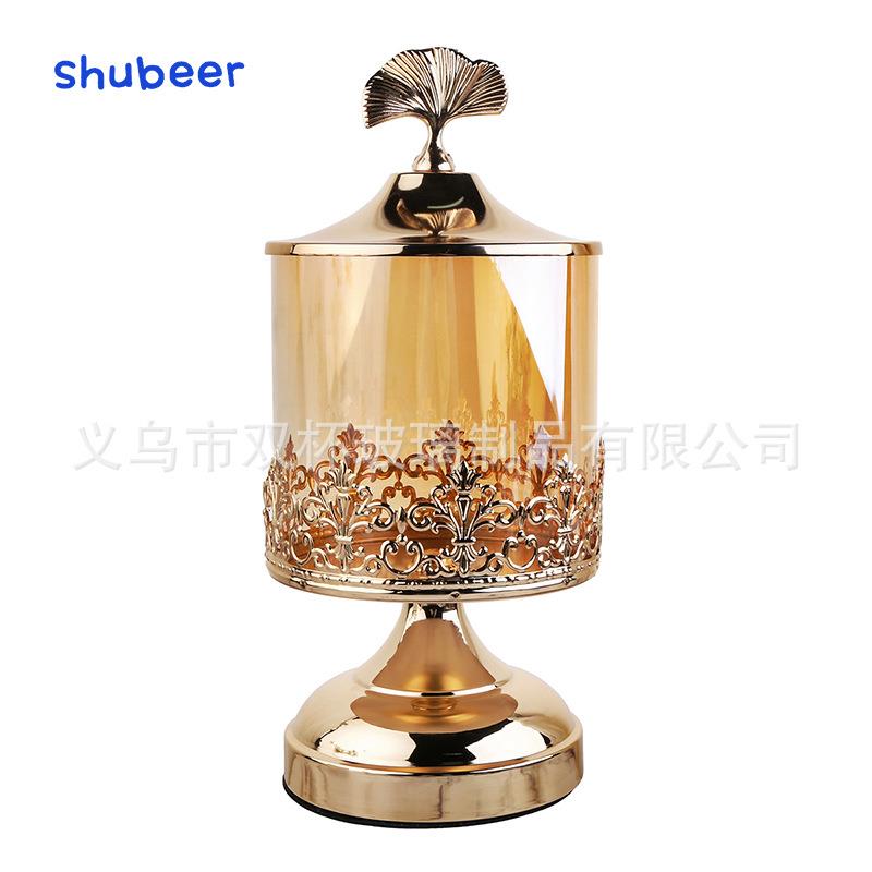 轻奢风金色水晶玻璃带盖装饰储物罐 美式欧式茶几糖果罐装饰摆件