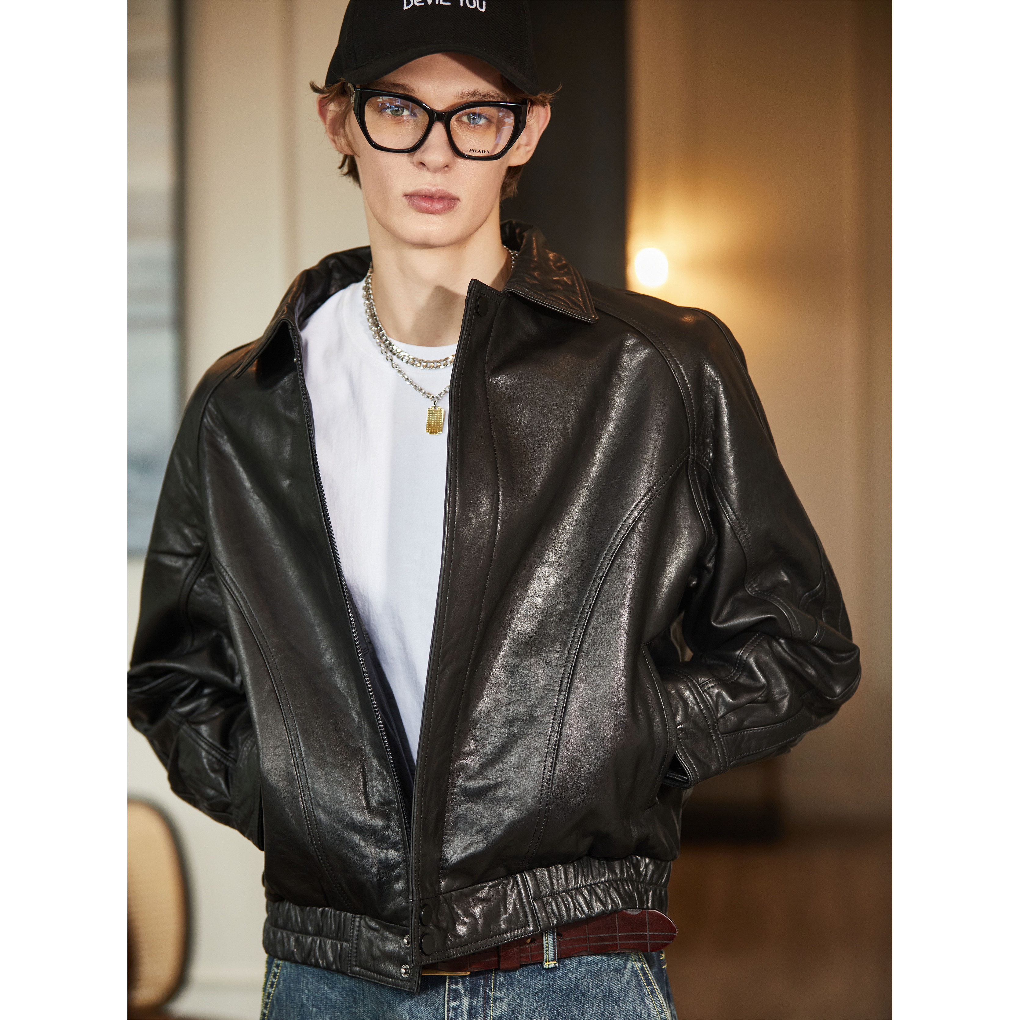 特叔新都灵羊皮真皮皮衣羽绒翻领港风男外套复古短款春秋夹克帽衫