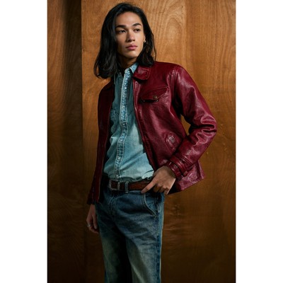 牛皮机车夹克男士外套翻领水洗