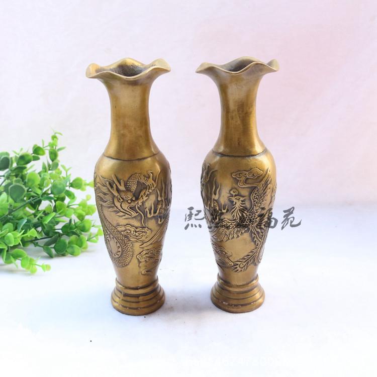 仿古纯铜龙凤吉祥如间花瓶 家居桌面工艺精致精品铜器复古摆件