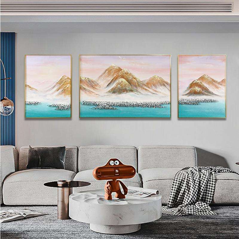 手绘砂岩肌理立体油画金色山脉挂画酒店床头装饰画轻奢客厅三联画