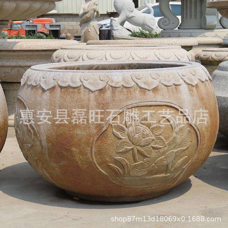 石材艺品花岗岩做旧鱼缸石雕水缸仿古雕塑青石仿古荷花鱼缸花盆