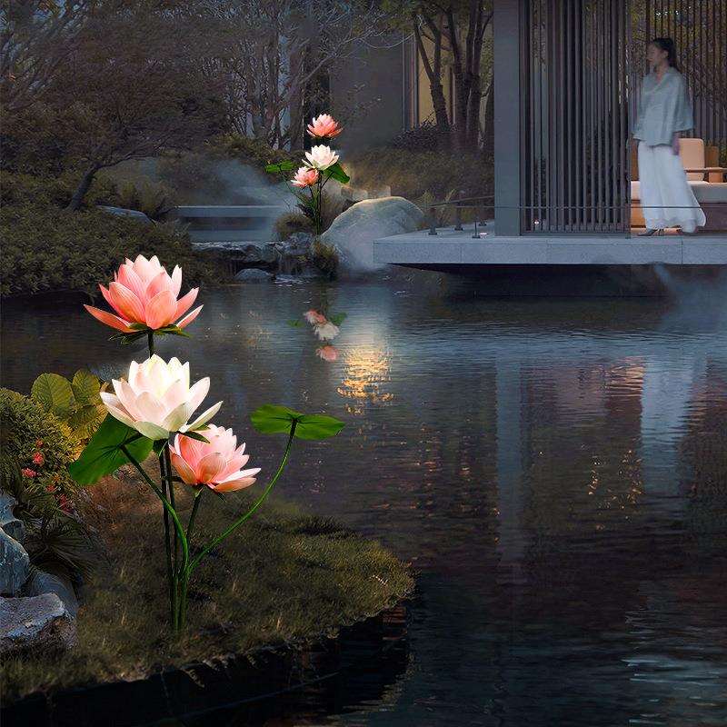 户外庭院灯荷花莲花灯防水自动开花公园庭院景观装饰灯池边草坪灯