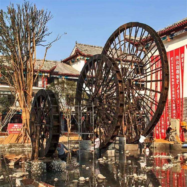 山东无穷大大型户外古建工程子母景观水车 摆件碳化木钢木水车轮