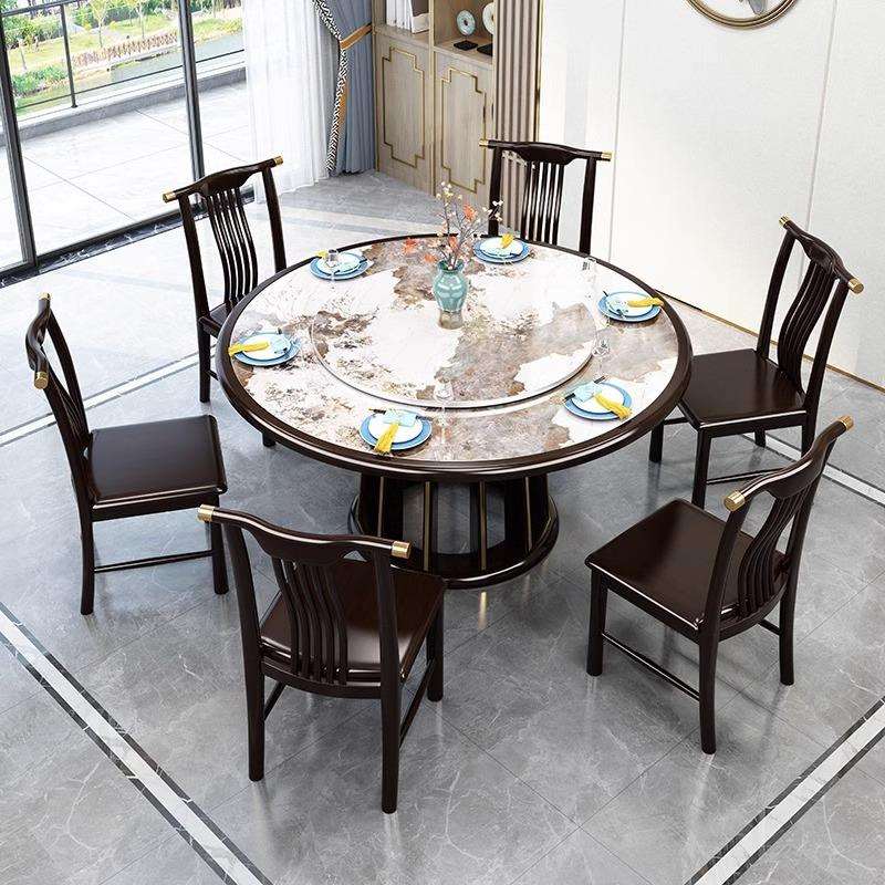 新中式岩板餐桌椅子组合可折叠方圆两用家用吃饭桌子简约现代家具