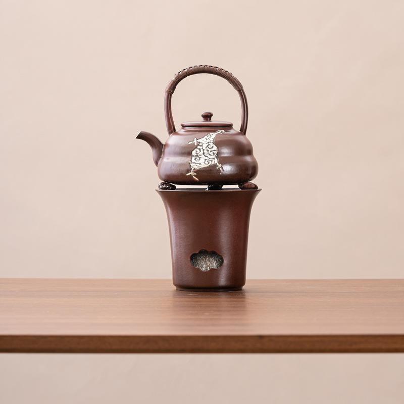 复古柿红釉围炉煮茶竹编提梁公杯煮茶器家用酒精炉加热烧水壶陶壶