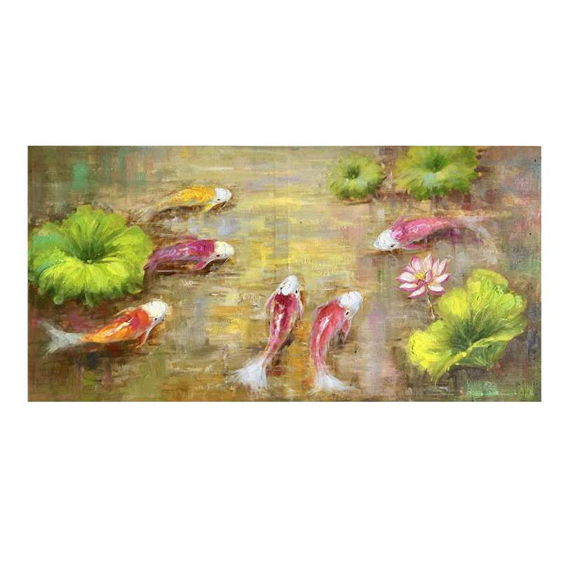 纯手绘油画客厅沙发背景装饰画九鱼图荷花壁画餐厅厚油肌理画挂画