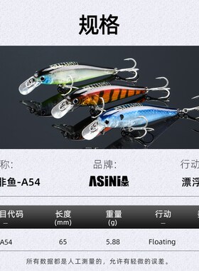 熊王AS-A54远投浮水米诺65mm5.88g路亚饵假饵硬饵带舌板噪音诱鱼