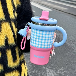 多巴胺保温杯2024新款女生高颜值吸管水杯办公室便携冰霸杯带把手