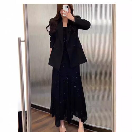 【现货】大码女装春秋微胖mm套装小西装外套烫钻吊带裙两件套6088