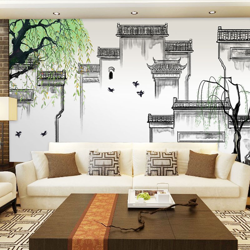 江南岭南c水乡水墨壁纸古典江湖饭店背景墙布徽派建筑火锅闽南壁