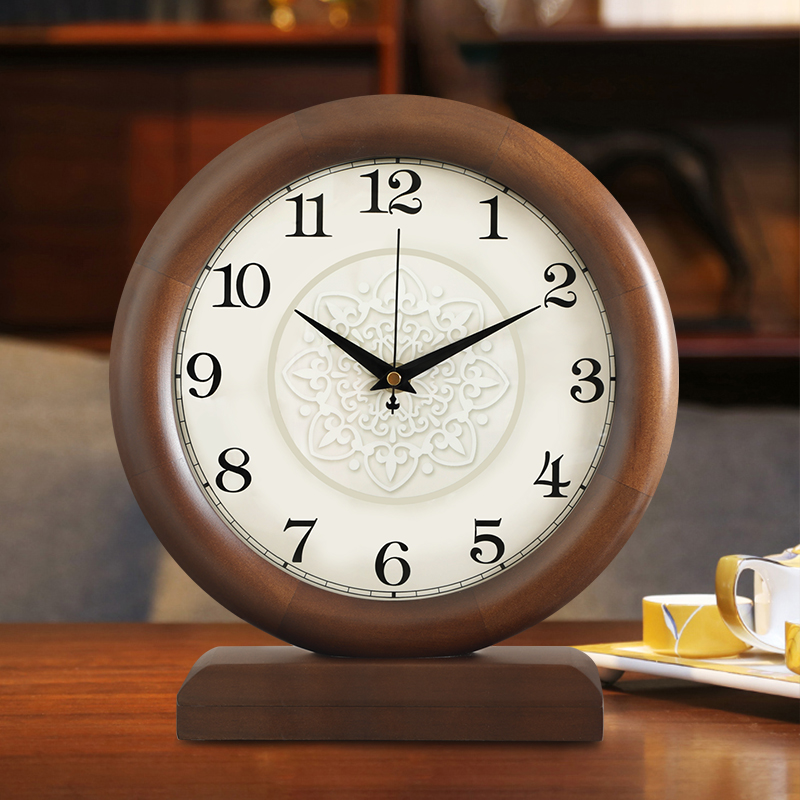 实木2024新款复古台钟客厅静音家用F钟表新中式大字体老人石英座