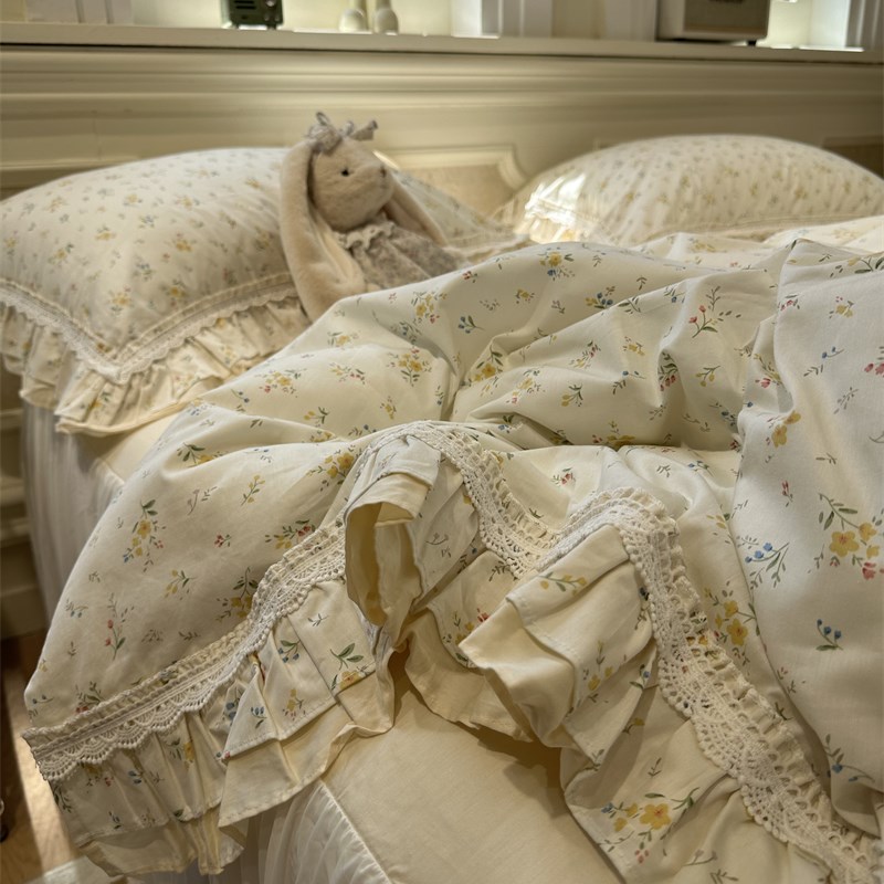 田园淡雅小碎花米白床裙床上四件套全棉1G.5m1.8米被套床单三件套
