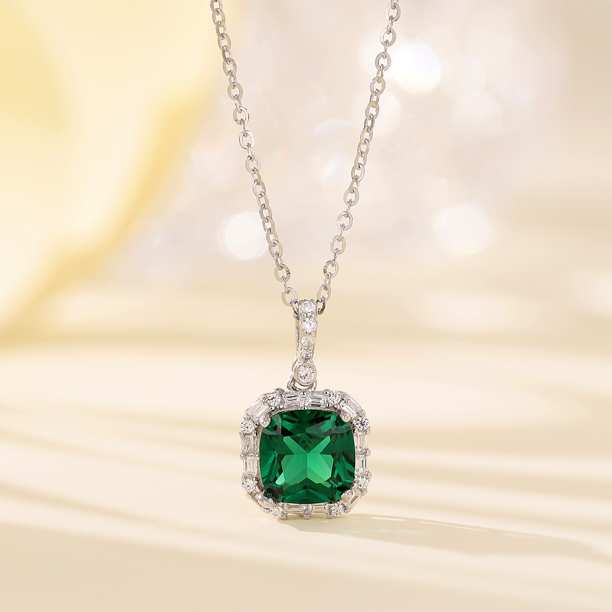 复古培育祖母绿方形项链925银