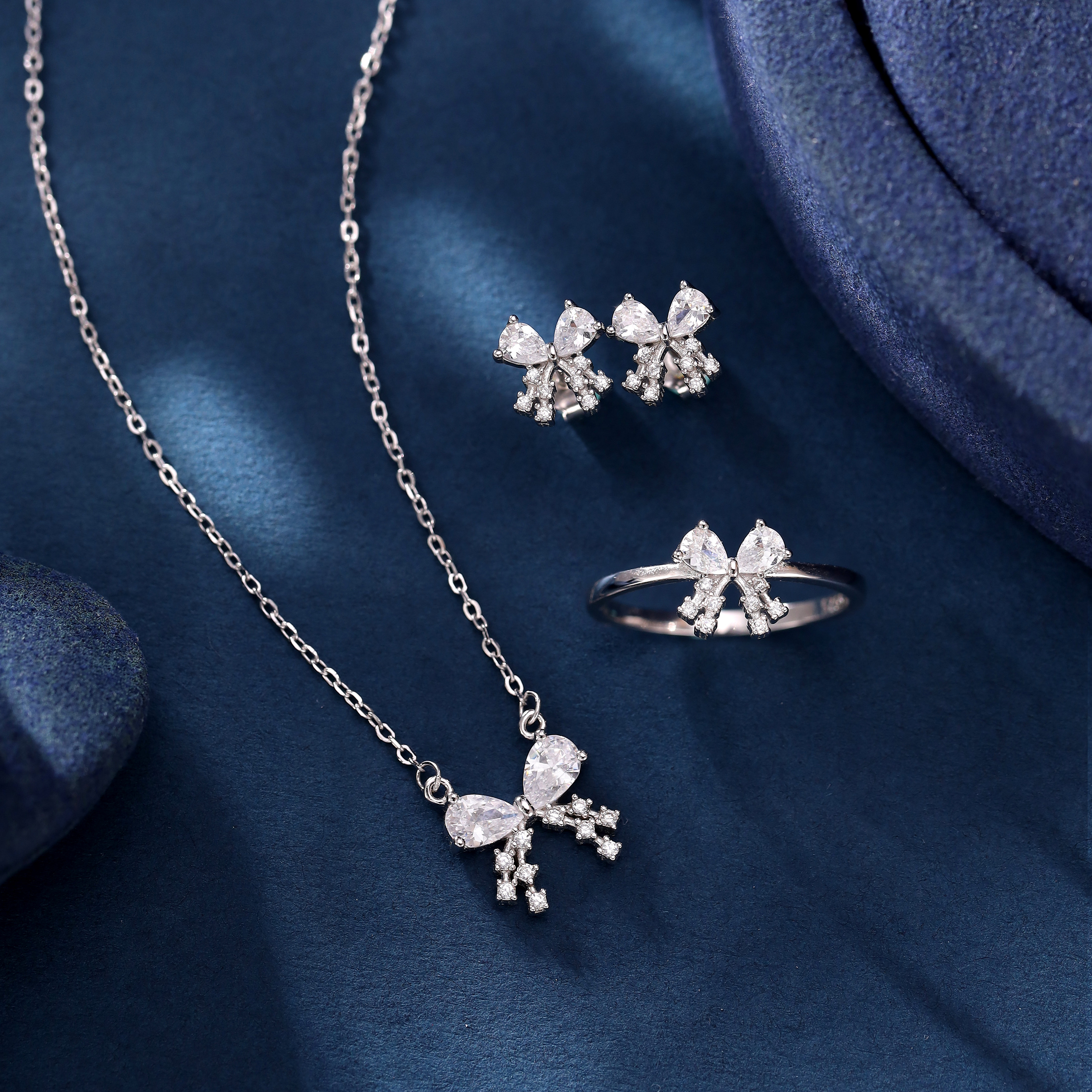 Kaanjewelry925银蝴蝶结锆石项链戒指耳环套装婚礼高级感送女友