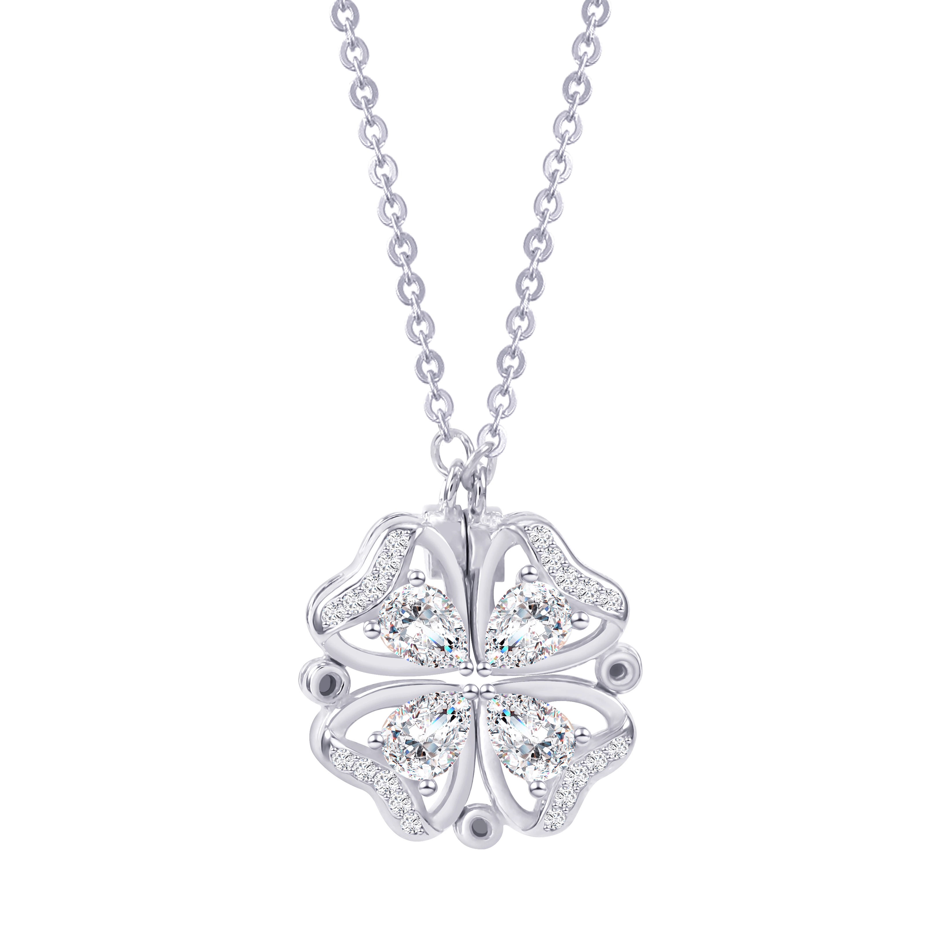 Kaanjelwelry925纯银四叶草折叠项链女款爱心日常锁骨链一饰两戴