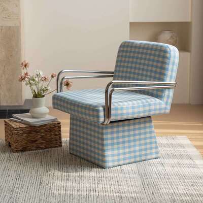 可旋转沙发椅子淡蓝色babyblue休闲懒人椅韩风蓝白格子旋转梳妆椅