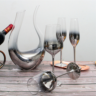 创意特色个性 高级感精美电镀镜面银灰F色金属感醒酒器红酒杯香槟