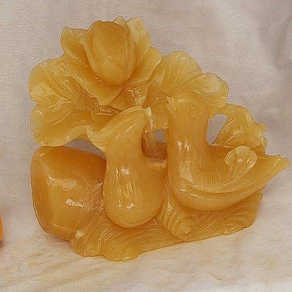 天然正品米黄玉摆件莲花君子如莲百年好合鸳鸯戏水家居装饰品摆设