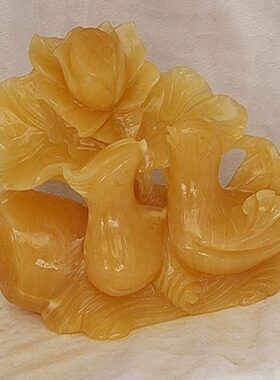 天然正品米黄玉摆件莲花君子如莲百年好合鸳鸯戏水家居装饰品摆设