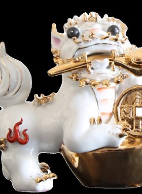 新中式招财白色小众麒麟中古手工陶瓷摆件玄关办公室高级艺术装饰