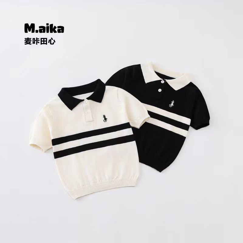 2024夏季新品儿童翻领条纹针织短袖男女童休闲冰凉上衣刺绣POLO衫
