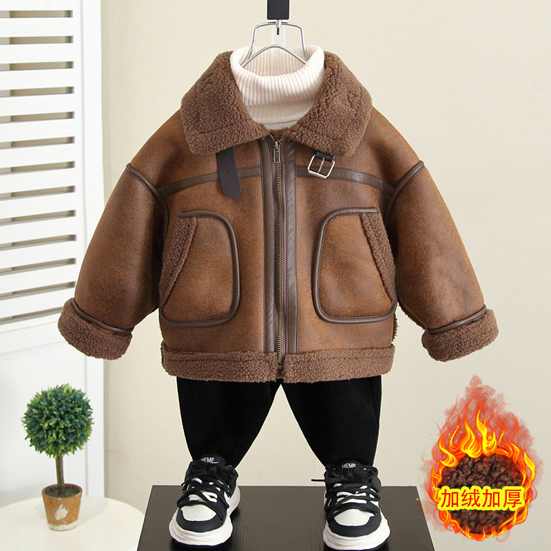 4590男童加绒皮衣外套秋冬款2025新款儿童装冬装皮毛一体宝宝加厚