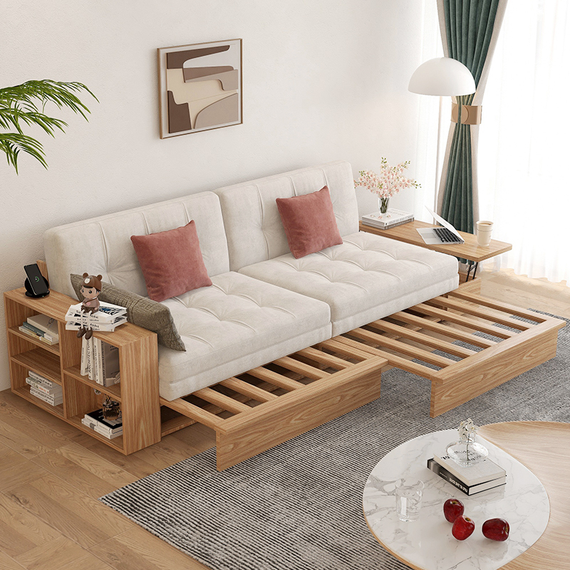 原木风沙发床折叠两用日式伸缩北欧实木小L户型现代简约客厅多功