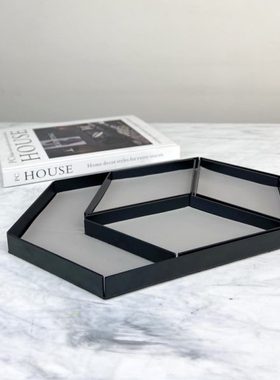 灰皮黑色几何菱形金属六边形盘装饰盘多边形桌面组合收纳托盘摆件