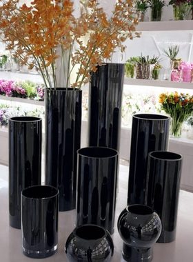 简约现代直筒黑色玻璃花瓶酒店大堂桌面黑色组合花器居家鲜花花瓶