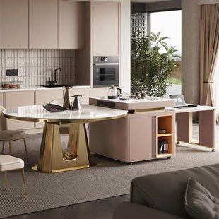 岩板岛台餐桌一体可伸缩圆桌厨房家用轻奢高级多功能中倒台餐桌椅