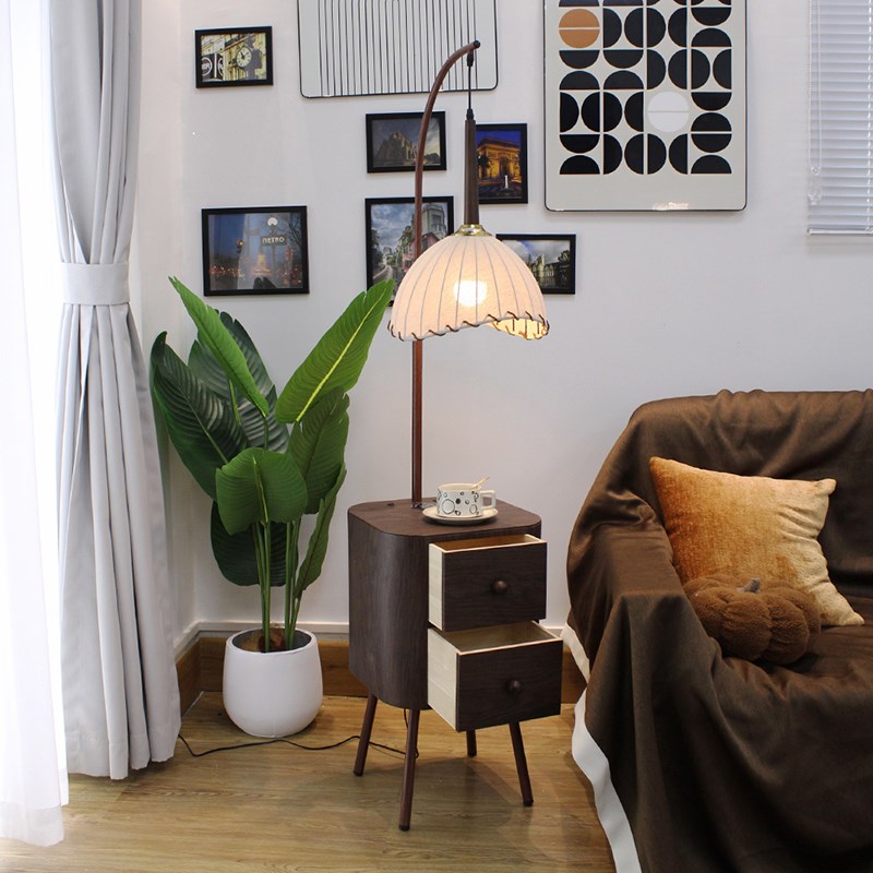 中古风黑胡桃色落地灯卧室客厅沙发旁复L古台灯床头柜一体置物架