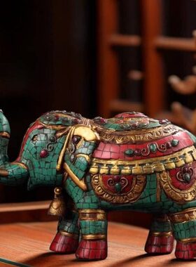 尼泊尔工艺老纯铜纯手工打造彩绘镶嵌宝石描金大象太平象吉象摆件