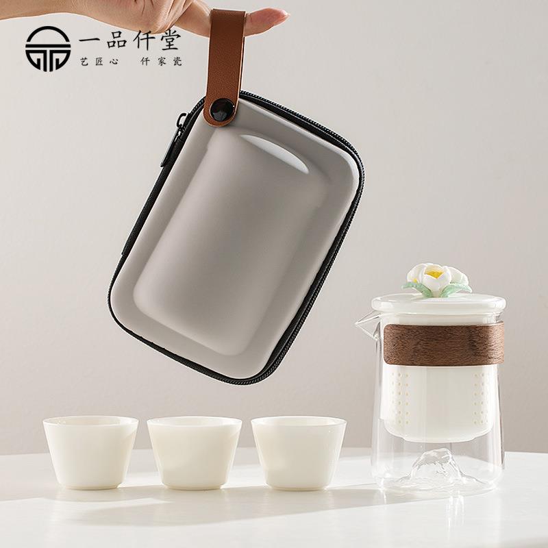 手工捏花一壶三杯便携茶具一体收纳快客杯玻璃旅行茶具出差旅行游