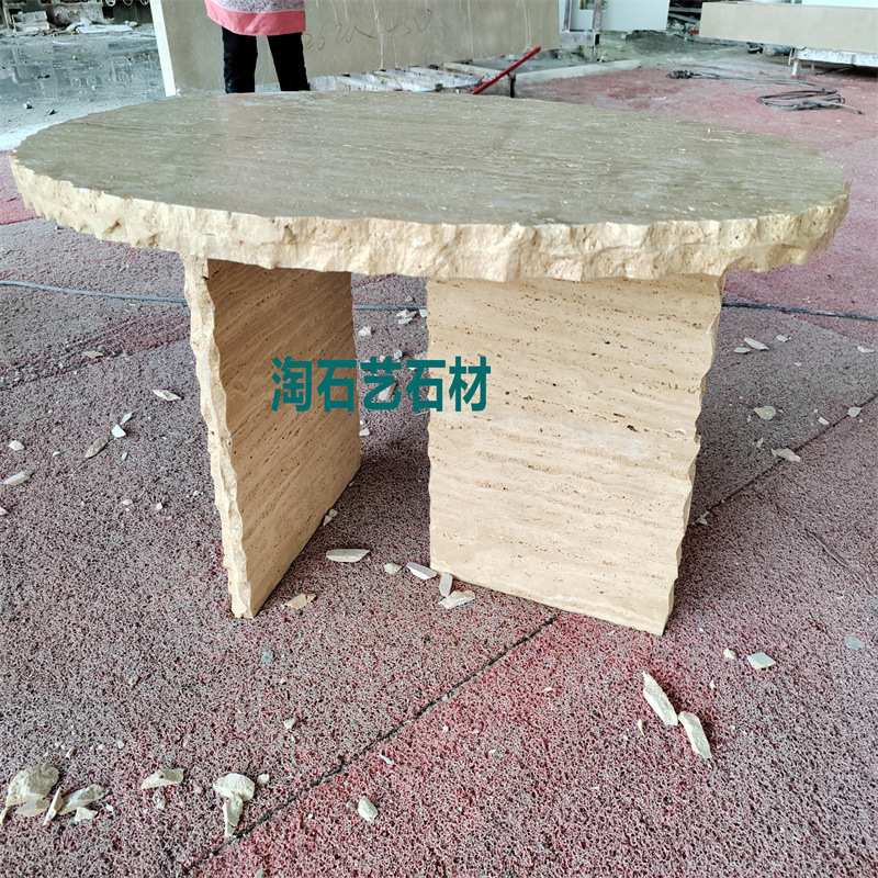 跨境 米黄洞石天然石材茶几圆桌台面带底座可做托盘摆件大理石