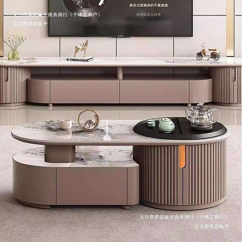 功夫一体多功能茶几组合泡茶茶台2024家用火烧石岩板现代客厅轻奢