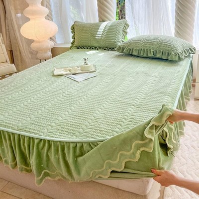 冬季保暖牛奶绒夹棉床笠单件加厚珊瑚绒床罩床套三件套防滑床垫套