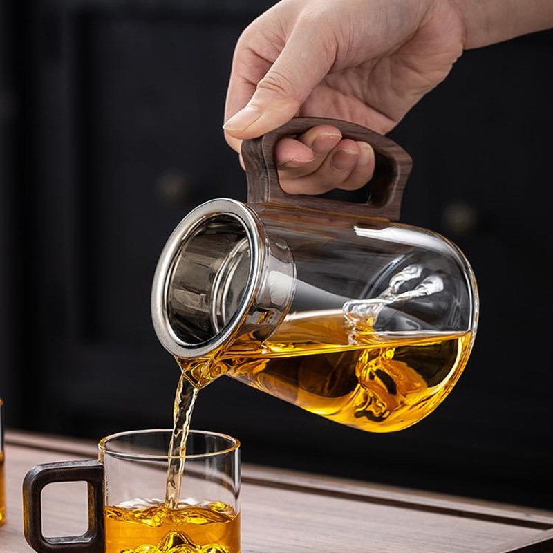 加厚玻璃公道杯胡桃木带把耐热家用分茶器倒茶杯过滤功夫茶