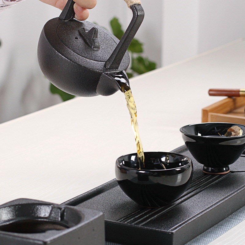 日式粗陶温茶座陶瓷煮茶器 麻绳提梁壶加热茶具套组 家居日用茶具