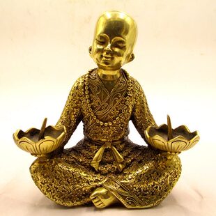 铜罗汉烛台摆件小和尚沙弥蜡台酥油灯家居禅意装饰供桌佛具用品