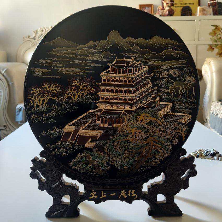 非遗推光漆器手工彩绘更上一层楼金箔漆画圆盘山西风光特产漆艺盘
