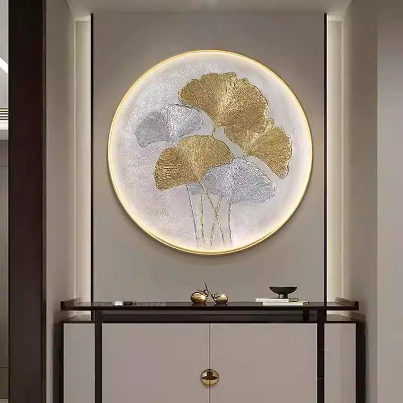 大芬村纯手绘油画金箔银杏叶圆形玄关装饰画入户轻奢现代简约挂画