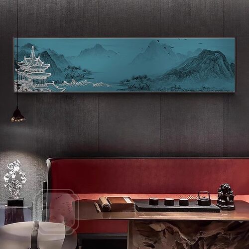 餐厅包厢浮雕山水装饰画酒店床头饭店客厅茶室新中式横幅高档挂画