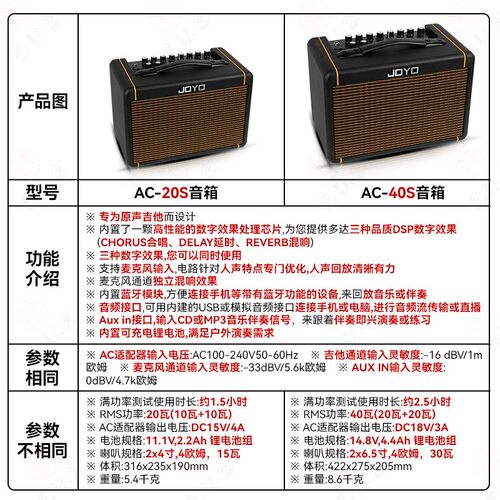 JOYO卓乐AC40S吉他音箱AC20s蓝牙内录户外K歌弹唱电吉他专用音响