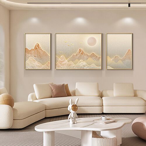 背有靠山现代轻奢客厅装饰画山水画大气沙发背景墙挂画高档三联