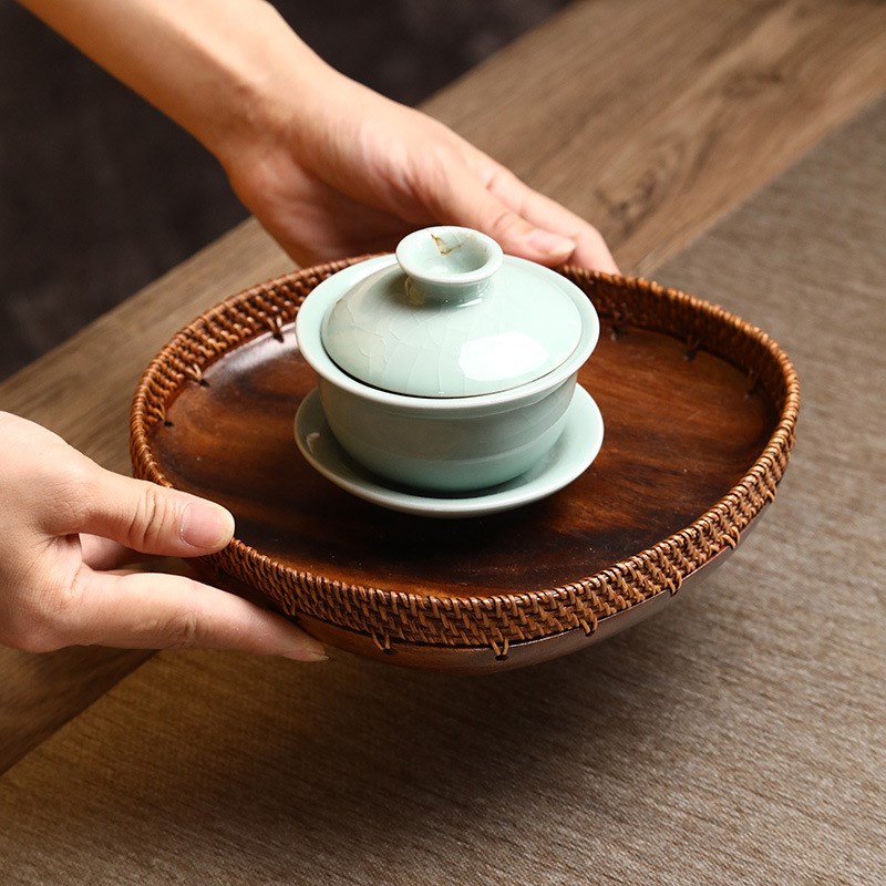 日式藤编手工大漆黑胡桃木果盘创意点心托盘桌面收纳盒复古风茶盘